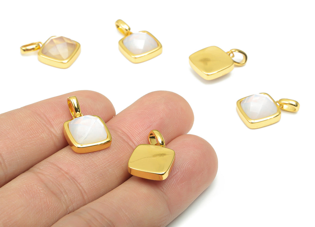 Opalite Faceted Square Earring Charms - 11mm Natural Stone - Brass Square Pendant - Gold Tone Plated Brass – 18.84x11.65x5.75mm – NS1672E - DOMEDBAZAAR
