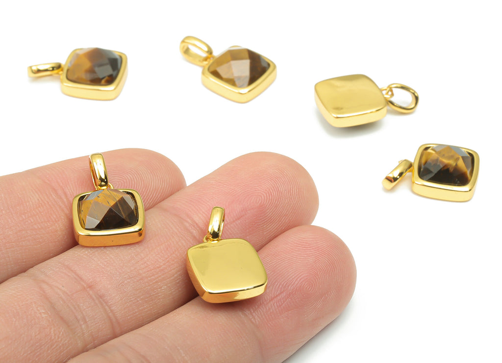 Tiger&#39;s-eye Faceted Square Earring Charms - 11mm Natural Stone - Brass Square Pendant - Gold Tone Plated Brass – 18.84x11.65x5.8mm – NS1672F - DOMEDBAZAAR