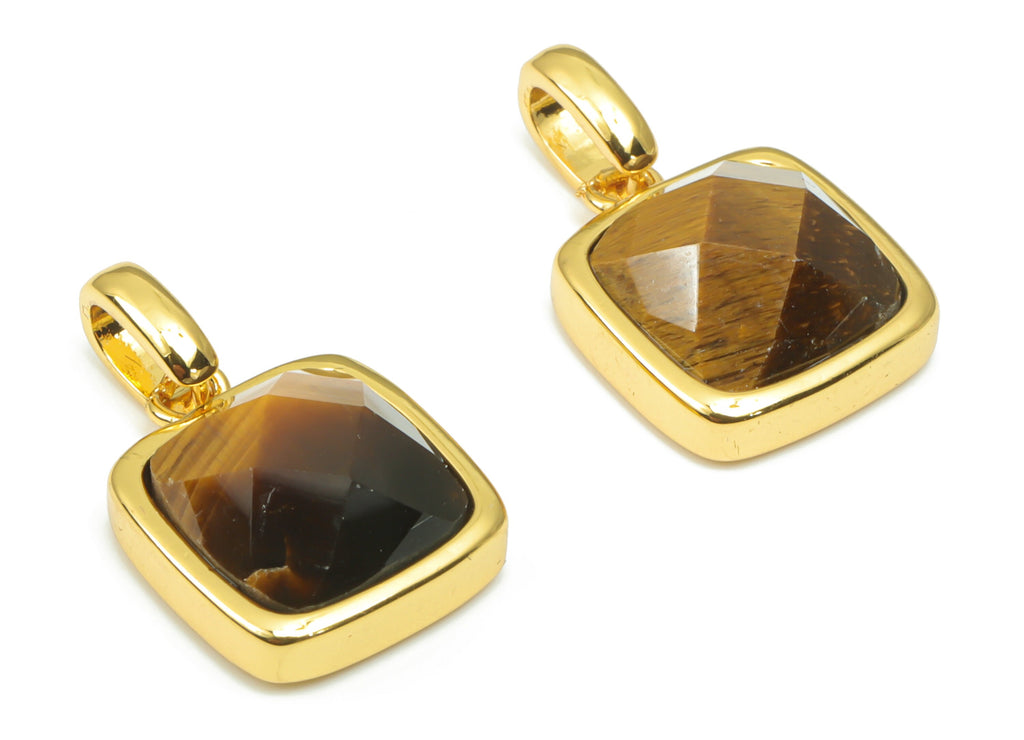Tiger&#39;s-eye Faceted Square Earring Charms - 11mm Natural Stone - Brass Square Pendant - Gold Tone Plated Brass – 18.84x11.65x5.8mm – NS1672F - DOMEDBAZAAR
