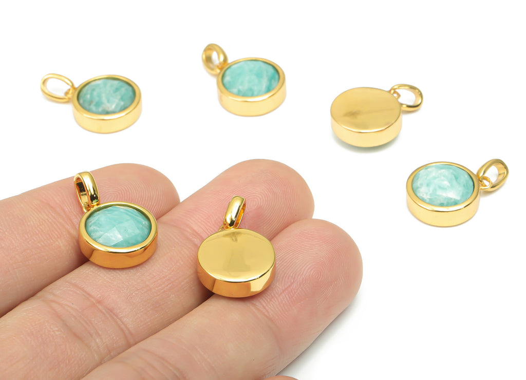 Aventurine Natural Stone Faceted Round Earring Charms With Loop - Brass Circle Pendant - Gold Tone Plated Brass – 20.07x12.7x5.9mm – NS1666H - DOMEDBAZAAR