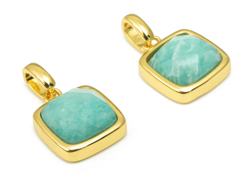 Amazonite Faceted Square Earring Charms - 11mm Natural Stone - Brass Square Pendant - Gold Tone Plated Brass – 18.84x11.65x5.75mm – NS1672J - DOMEDBAZAAR