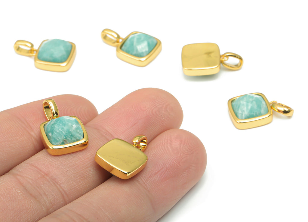 Amazonite Faceted Square Earring Charms - 11mm Natural Stone - Brass Square Pendant - Gold Tone Plated Brass – 18.84x11.65x5.75mm – NS1672J - DOMEDBAZAAR