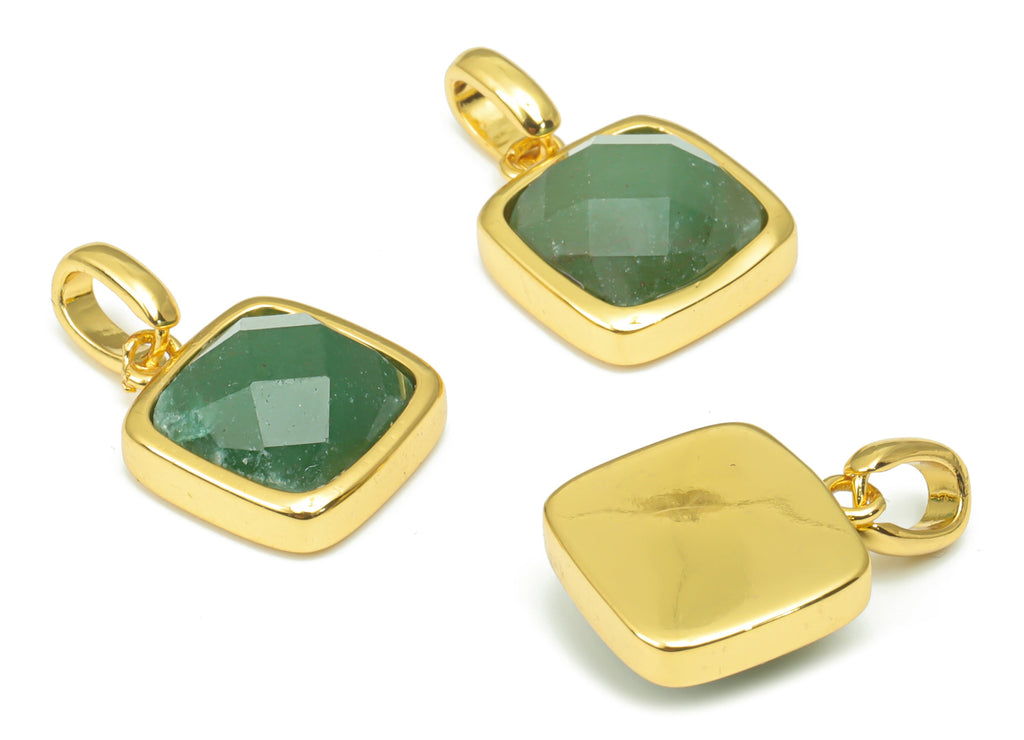 Aventurine Faceted Square Earring Charms - 11mm Natural Stone - Brass Square Pendant - Gold Tone Plated Brass – 18.84x11.65x5.75mm – NS1672G - DOMEDBAZAAR