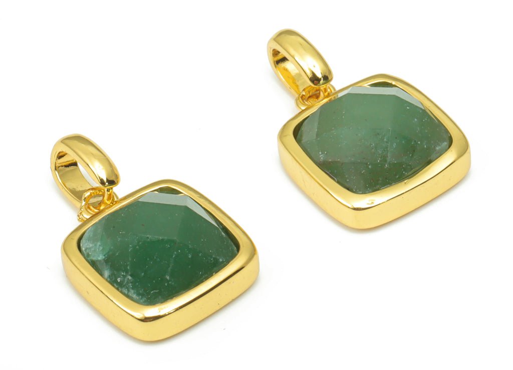 Aventurine Faceted Square Earring Charms - 11mm Natural Stone - Brass Square Pendant - Gold Tone Plated Brass – 18.84x11.65x5.75mm – NS1672G - DOMEDBAZAAR