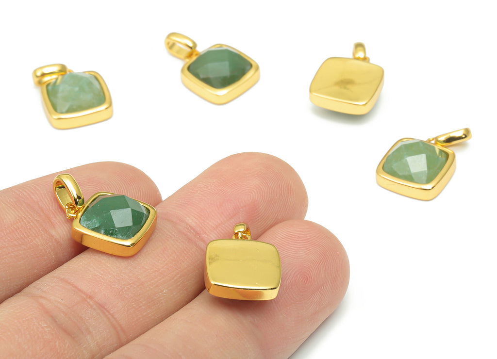 Aventurine Faceted Square Earring Charms - 11mm Natural Stone - Brass Square Pendant - Gold Tone Plated Brass – 18.84x11.65x5.75mm – NS1672G - DOMEDBAZAAR