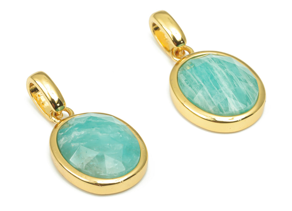 Amazonite Faceted Oval Charms With Loop - 10x12mm Natural Stone - Brass Oval Pendant - Gold Tone Plated Brass – 20.33x10.85x4.92mm – NS1670J - DOMEDBAZAAR