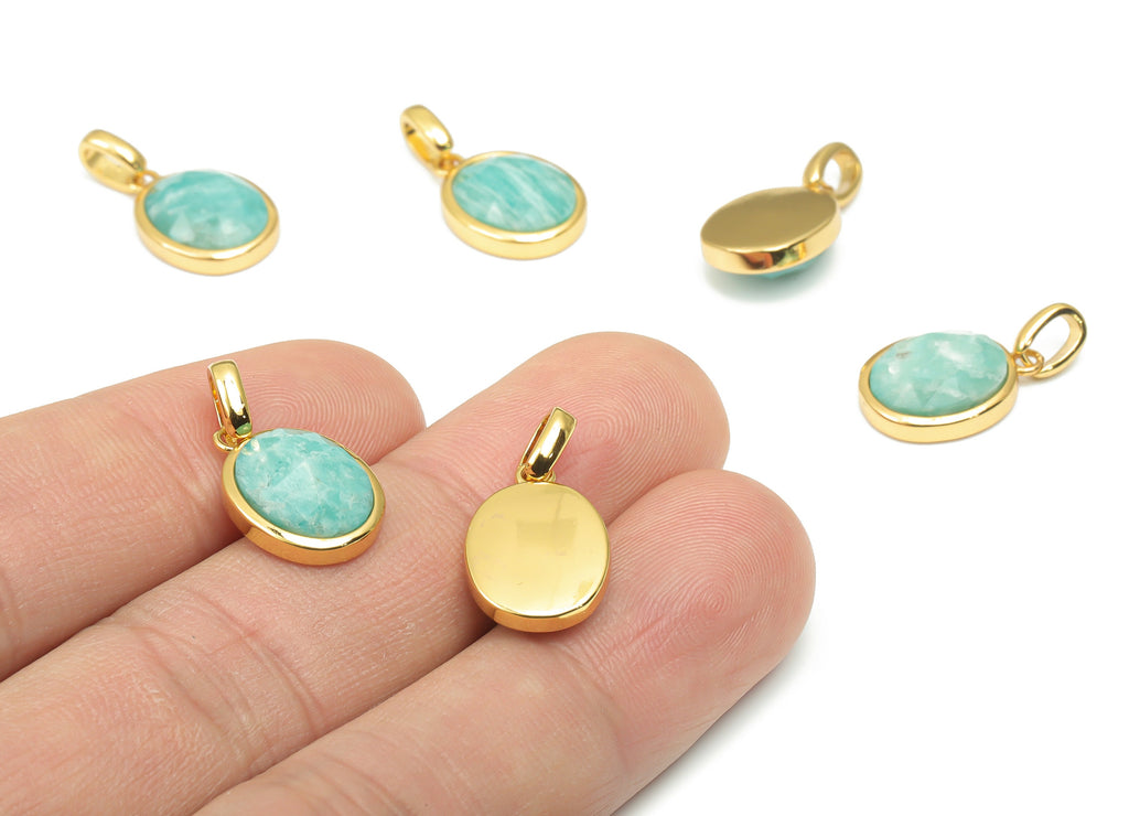 Amazonite Faceted Oval Charms With Loop - 10x12mm Natural Stone - Brass Oval Pendant - Gold Tone Plated Brass – 20.33x10.85x4.92mm – NS1670J - DOMEDBAZAAR