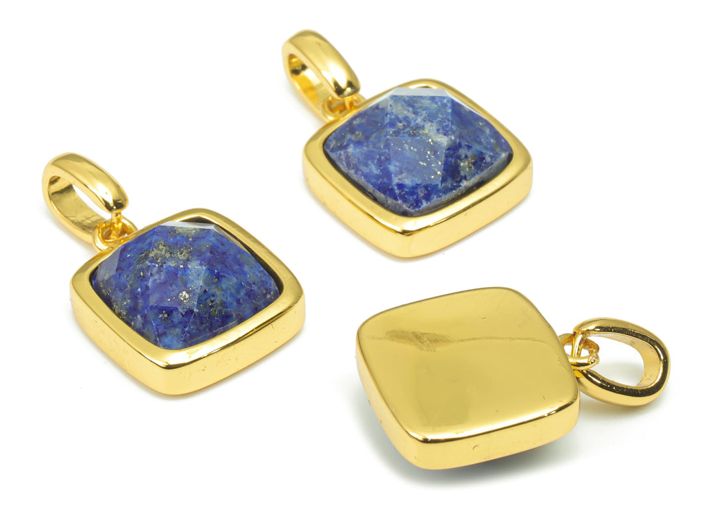 Lapis Lazuli Faceted Square Earring Charms - 11mm Natural Stone - Brass Square Pendant - Gold Tone Plated Brass – 18.84x11.7x5.8mm – NS1672A - DOMEDBAZAAR