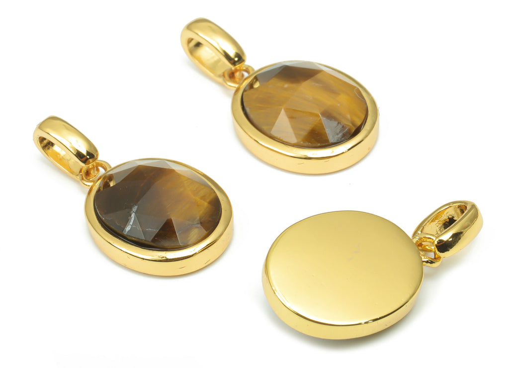 Tiger&#39;s-eye Faceted Oval Charms With Loop - 10x12mm Natural Stone - Brass Oval Pendant - Gold Tone Plated Brass – 20.33x10.9x4.9mm – NS1670F - DOMEDBAZAAR