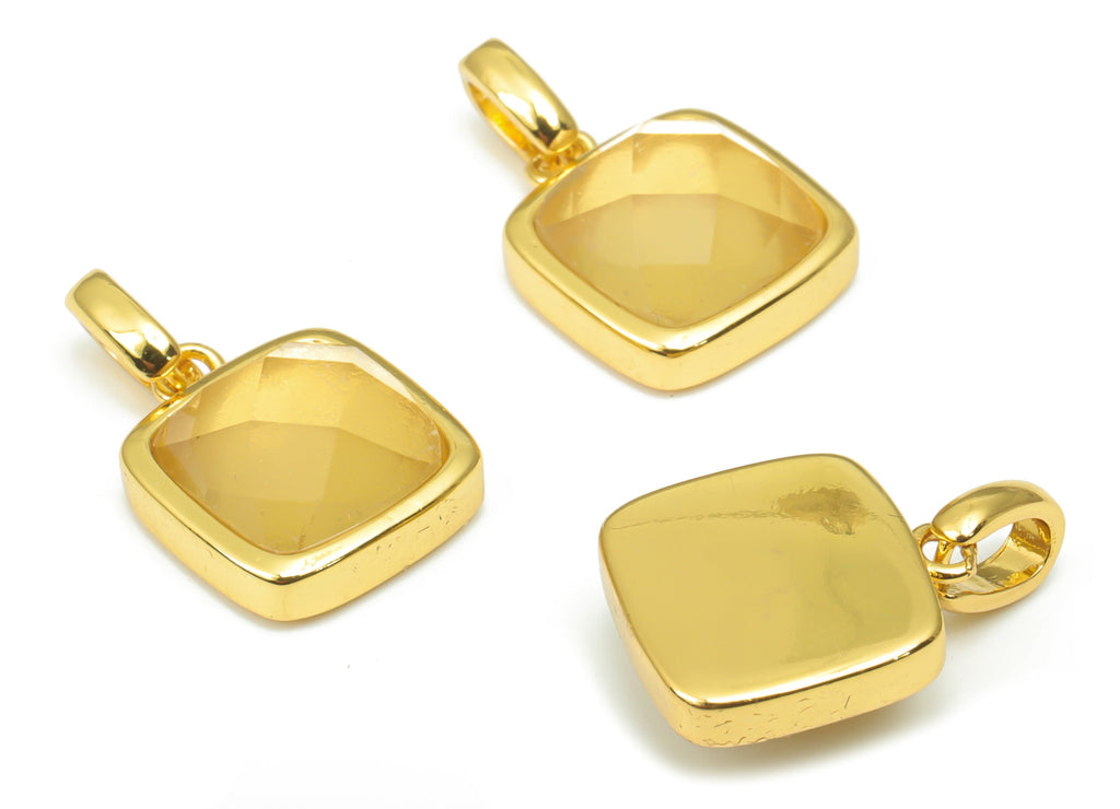 Lemon Citrine Faceted Square Earring Charms - 11mm Natural Stone - Brass Square Pendant - Gold Tone Plated Brass – 18.8x11.7x5.8mm – NS1672K - DOMEDBAZAAR