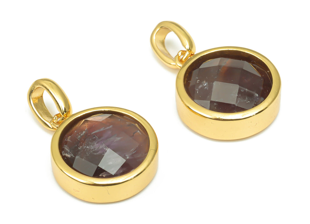 Amethyst Natural Stone Faceted Round Earring Charms With Loop - Brass Circle Pendant - Gold Tone Plated Brass – 20.07x12.71x5.9mm – NS1666B - DOMEDBAZAAR