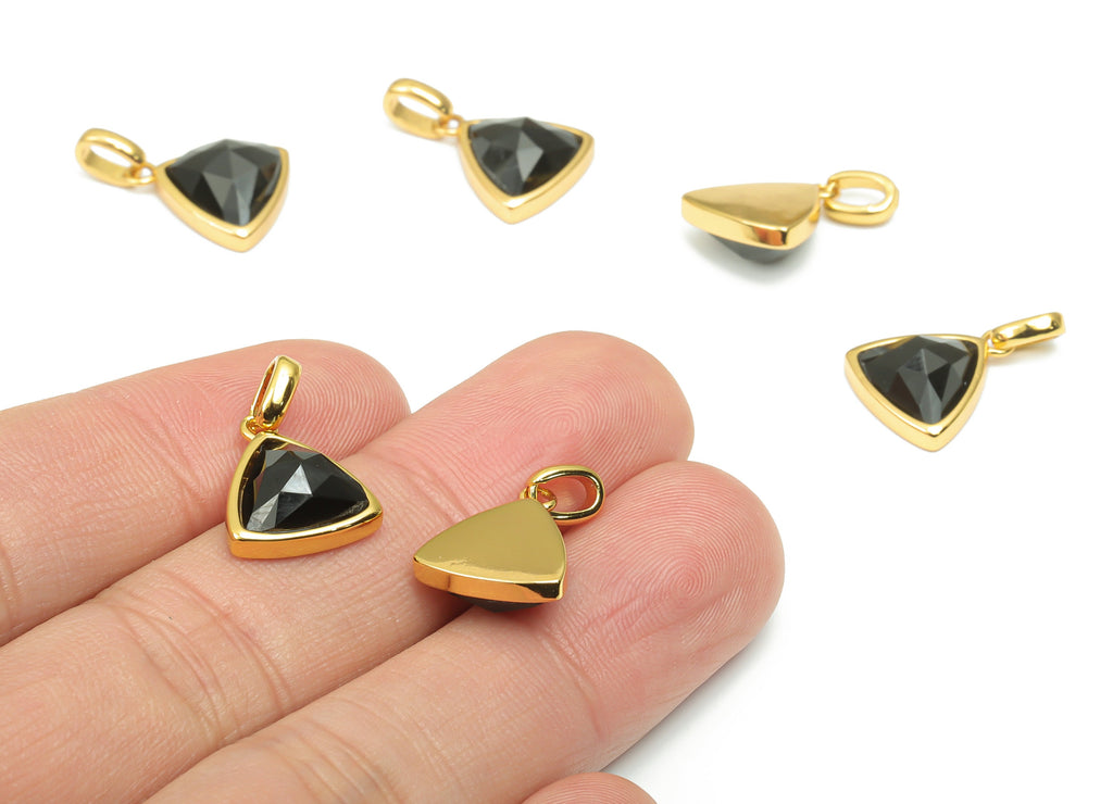 Obsidian Faceted Triangle Charms With Loop - 11mm Natural Stone - Brass Triangle Pendant - Gold Tone Plated Brass – 19.5x12.4x5.7mm– NS1668C - DOMEDBAZAAR
