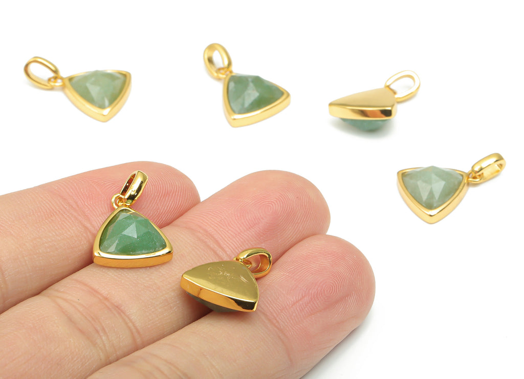 Aventurine Faceted Triangle Charms With Loop - 11mm Natural Stone - Brass Triangle Pendant - Gold Tone Plated Brass – 19.48x12x6mm – NS1668G - DOMEDBAZAAR
