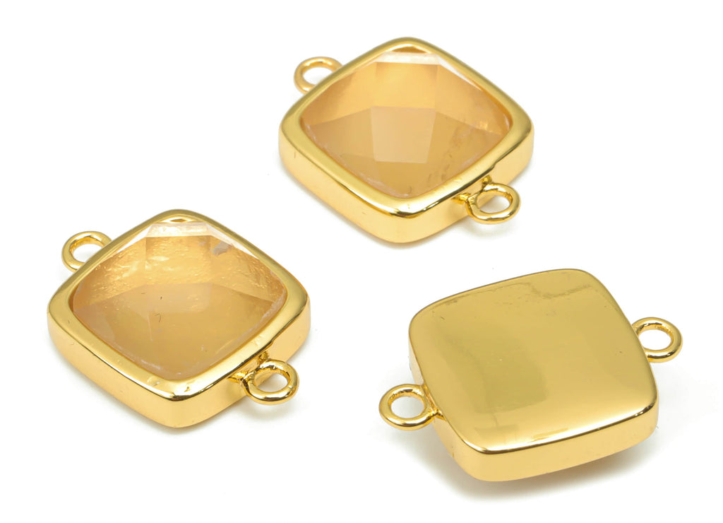 Rose Quartz Faceted Square Earring Connectors - 11mm Natural Stone - Brass Square Charms - Gold Tone Plated Brass – 16.5x11.4x5.9mm– NS1673D - DOMEDBAZAAR