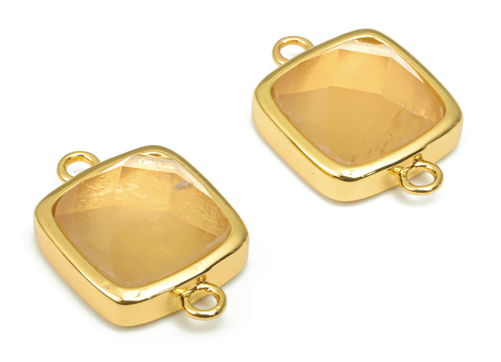 Rose Quartz Faceted Square Earring Connectors - 11mm Natural Stone - Brass Square Charms - Gold Tone Plated Brass – 16.5x11.4x5.9mm– NS1673D - DOMEDBAZAAR