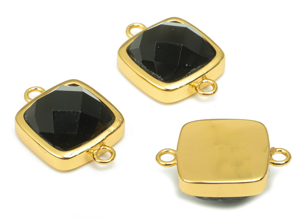 Obsidian Faceted Square Earring Connectors - 11mm Natural Stone - Brass Square Charms - Gold Tone Plated Brass – 16.5x11.44x5.86mm – NS1673C - DOMEDBAZAAR