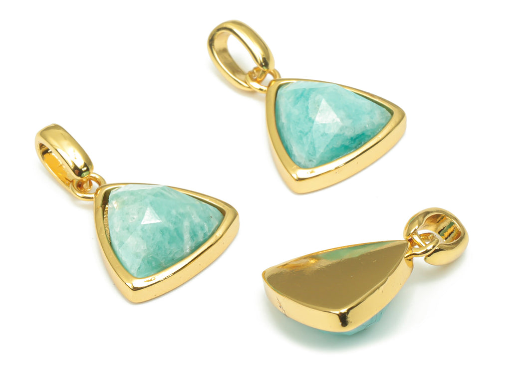 Amazonite Faceted Triangle Charms With Loop - 11mm Natural Stone - Brass Triangle Pendant - Gold Tone Plated Brass – 19.5x12.4x5.7mm–NS1668J - DOMEDBAZAAR