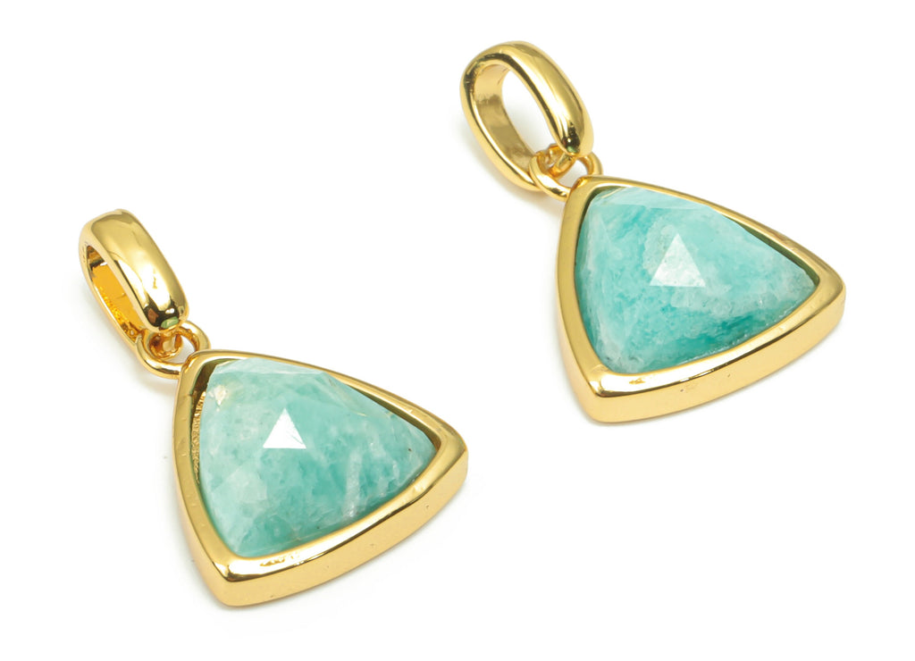 Amazonite Faceted Triangle Charms With Loop - 11mm Natural Stone - Brass Triangle Pendant - Gold Tone Plated Brass – 19.5x12.4x5.7mm–NS1668J - DOMEDBAZAAR