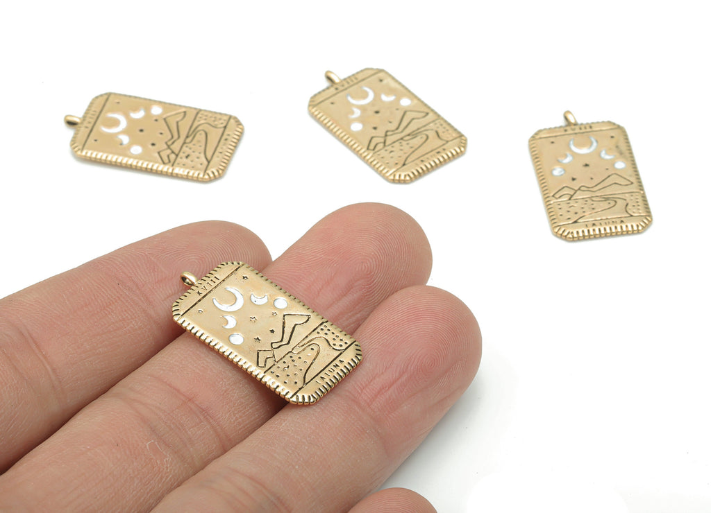 Brass Rectangle Planet Crescent Earring Charms - Enamel Mountain Moon Star Pendant - 18K Real Gold Plating - 27.16x14.85x1.44mm - RGP4350B - DOMEDBAZAAR
