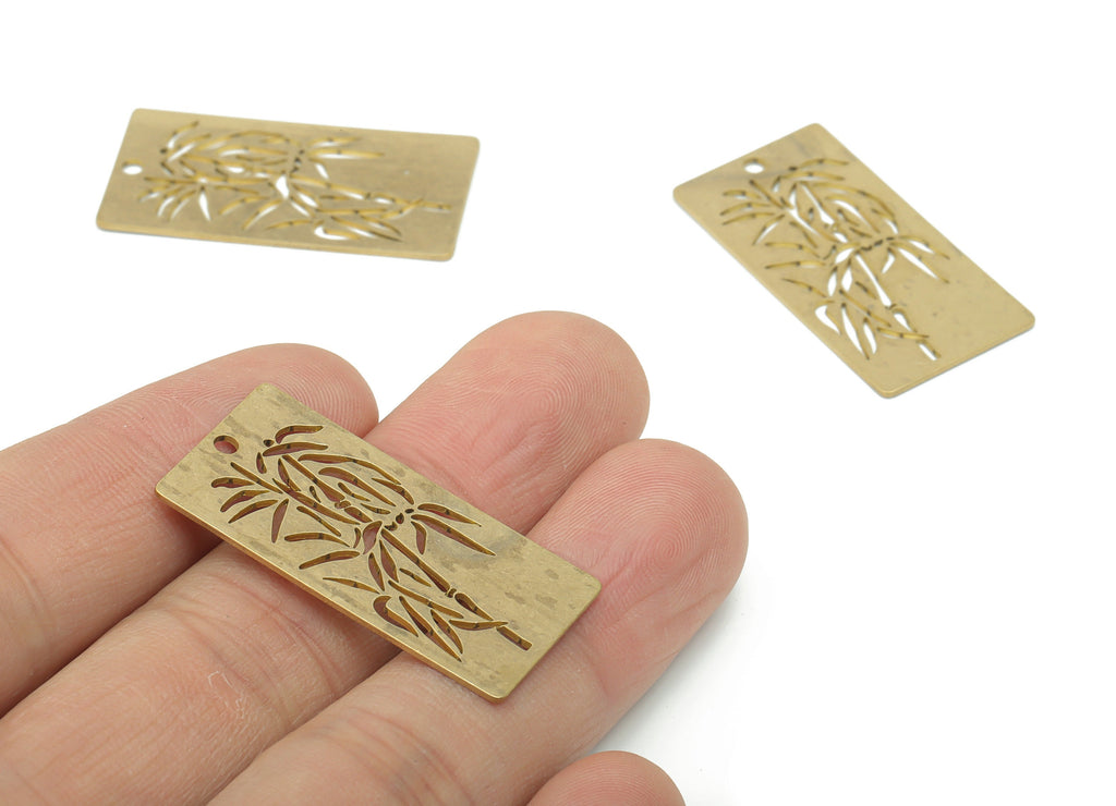 Brass Rectangle Bamboo Earring Charms - Raw Brass Bamboo Rectangle Pendant - Jewelry Making Supplies - 34.81x17.44x0.63mm - PPA3120 - DOMEDBAZAAR