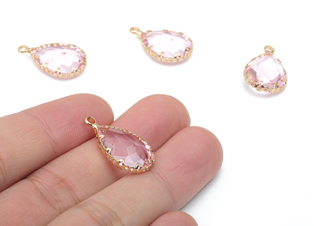 Glass Drop Earring Charms With Loop - Brass Teardrop Frame Pendant - Gold Tone Plated Brass - Faceted Glass - 23.79x13.7x6.17mm - GS1124A - DOMEDBAZAAR