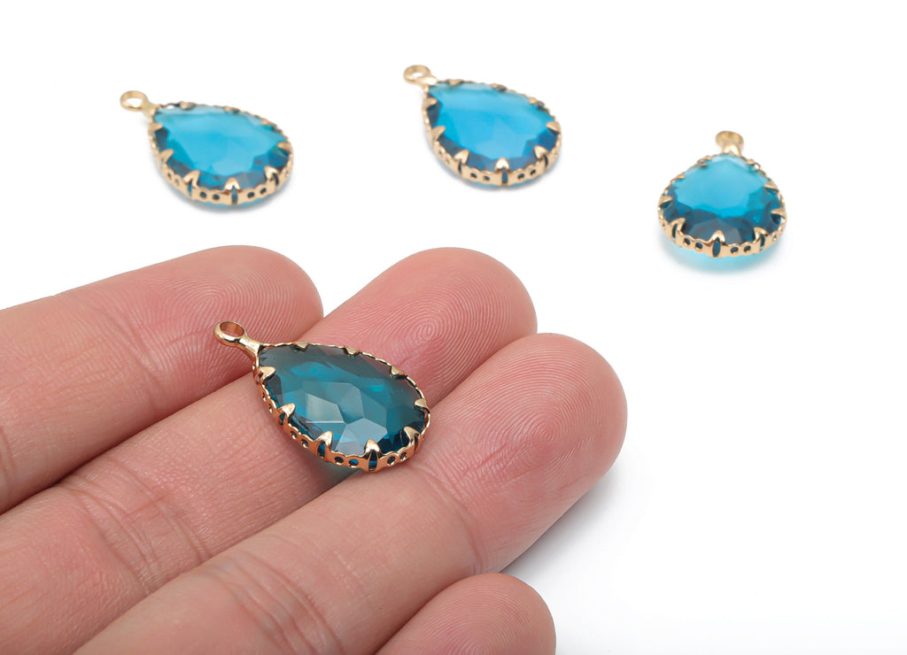 Glass Drop Earring Charms With Loop - Brass Teardrop Frame Pendant - Gold Tone Plated Brass - Faceted Glass - 23.79x13.7x6.17mm - GS1124B - DOMEDBAZAAR