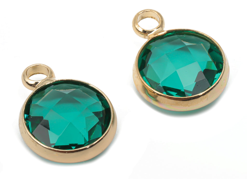 Glass Round Earring Charms With Loop - Brass Circle Frame Pendant - Gold Tone Plated Brass - Faceted Glass - 11.59x8.72x3.75mm - GS1120A - DOMEDBAZAAR