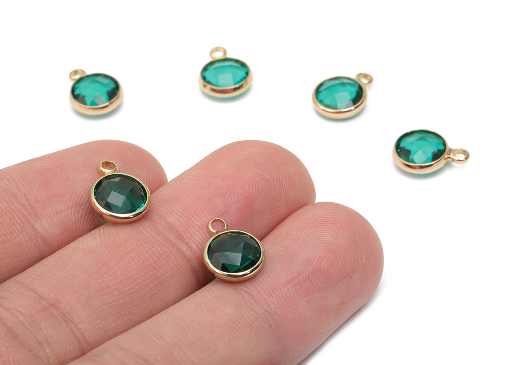 Glass Round Earring Charms With Loop - Brass Circle Frame Pendant - Gold Tone Plated Brass - Faceted Glass - 11.59x8.72x3.75mm - GS1120A - DOMEDBAZAAR