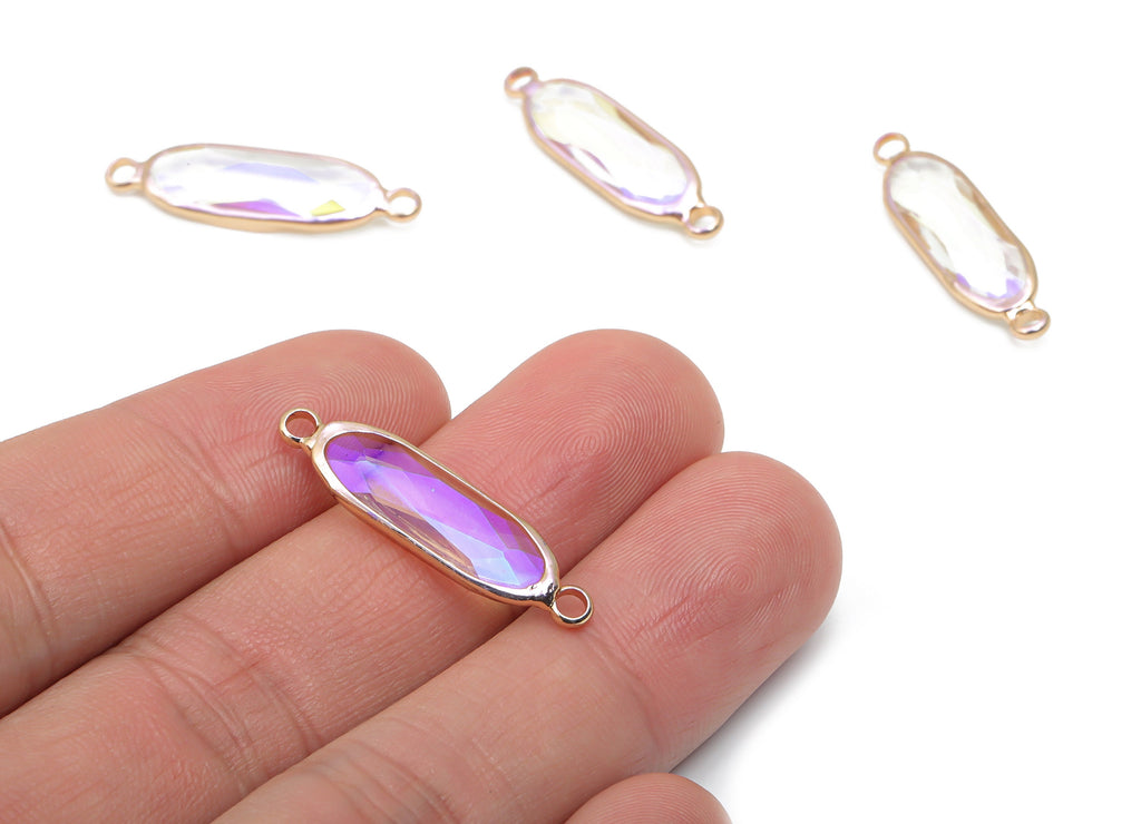 Glass Oval Earring Connector - Brass Oval Frame Charms - Bracelet Connector - Gold Tone Plated Brass - Faceted Glass - 29x7.7x5mm - GS1119B - DOMEDBAZAAR