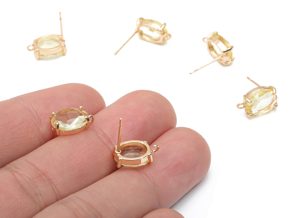 Glass Oval Earring Stud - Brass Oval Earring Post - Gold Tone Plated Brass - Faceted Glass - Jewelry Supplies - 12.36x8.14x4.51mm - GS1126D - DOMEDBAZAAR