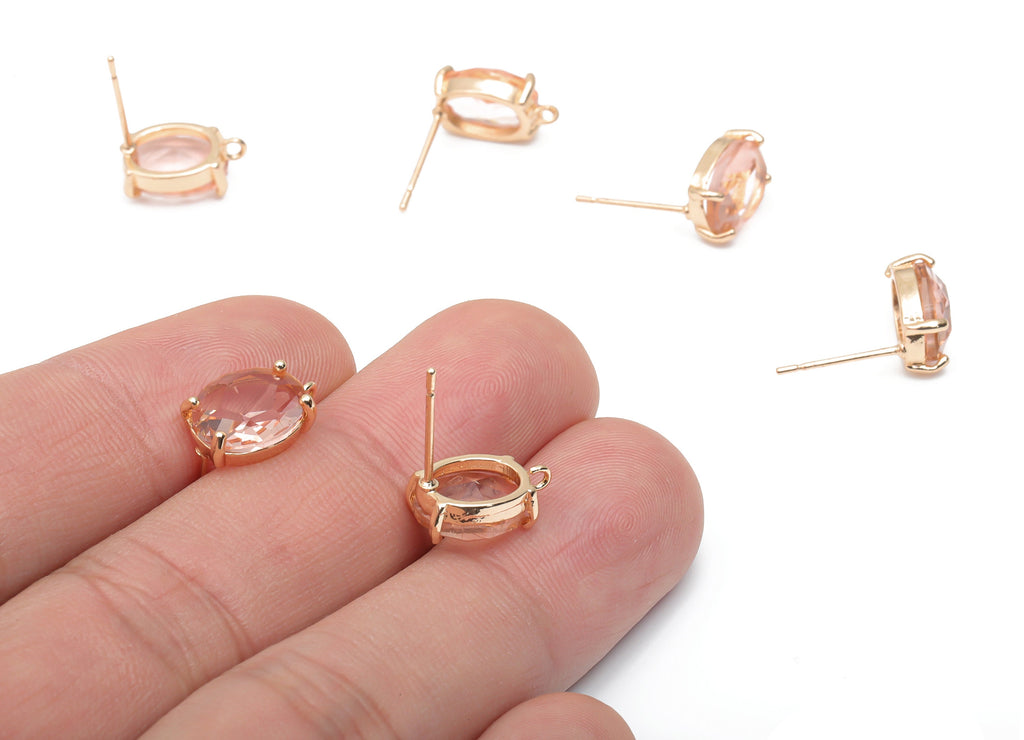 Glass Oval Earring Stud - Brass Oval Earring Post - Gold Tone Plated Brass - Faceted Glass - Jewelry Supplies - 12.36x8.14x4.51mm - GS1126C - DOMEDBAZAAR