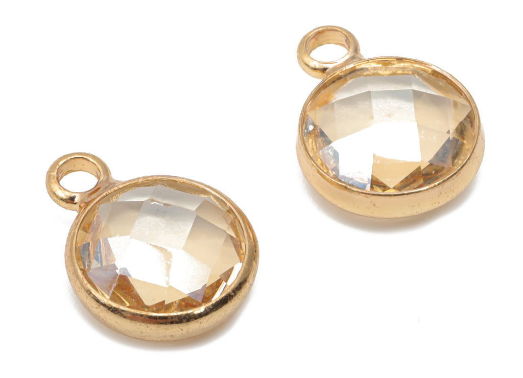 Glass Round Earring Charms With Loop - Brass Circle Frame Pendant - Gold Tone Plated Brass - Faceted Glass - 11.59x8.72x3.75mm - GS1120D - DOMEDBAZAAR