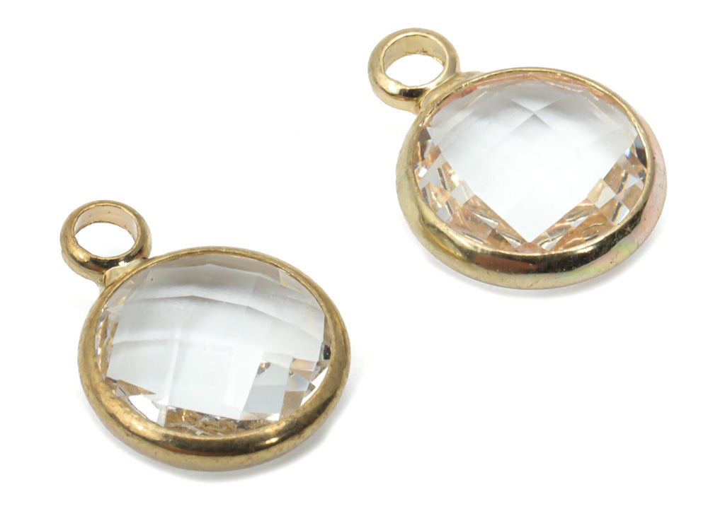 Glass Round Earring Charms With Loop - Brass Circle Frame Pendant - Gold Tone Plated Brass - Faceted Glass - 11.59x8.72x3.75mm - GS1120E - DOMEDBAZAAR