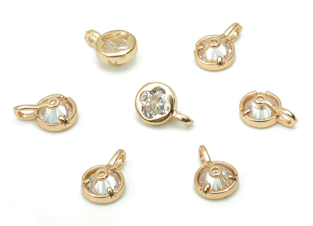 Glass Mini Round Flower Loop Earring Charms - Brass Mini Flower Frame Pendant - Gold Tone Plated Brass - Faceted Glass - 9.2x6x4mm - GS1094C - DOMEDBAZAAR
