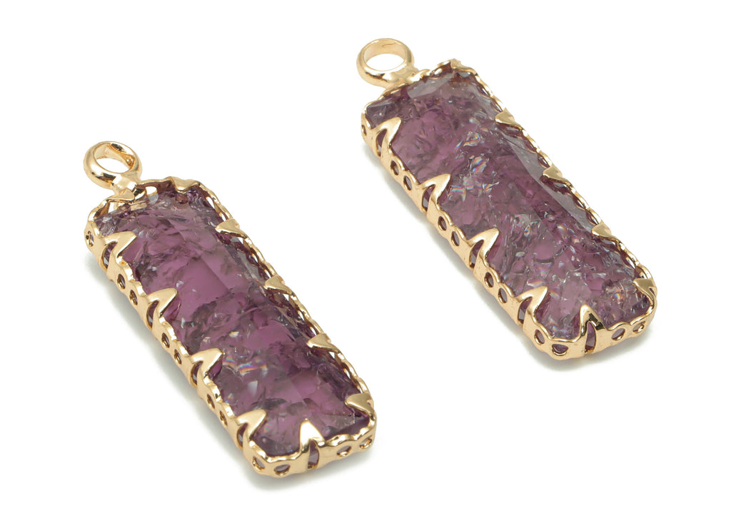 Glass Rectangle Earring Charms with Loop - Brass Rectangle Frame Pendant - Gold Tone Plated Brass - Faceted Glass - 26.3x8.2x4.4mm - GS1113A - DOMEDBAZAAR