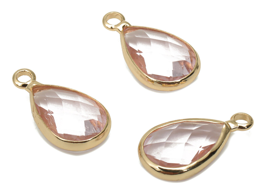 Glass Faceted Drop Loop Earring Charms - Brass Teardrop Frame Pendant - Gold Tone Plated Brass - Faceted Glass - 15.4x8.47x4.24mm - GS1099E - DOMEDBAZAAR