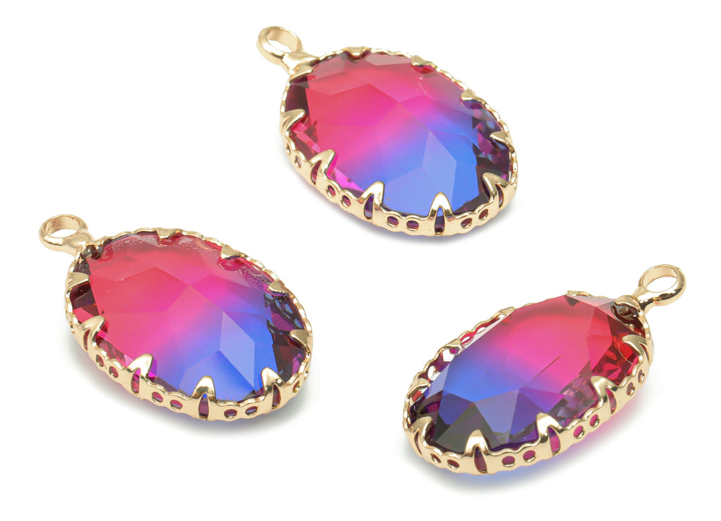Glass Faceted Oval Charms with Loop - Brass Rainbow Oval Frame Pendant - Gold Tone Plated Brass - Faceted Glass - 22.5x13.59x6.2mm - GS1115D - DOMEDBAZAAR