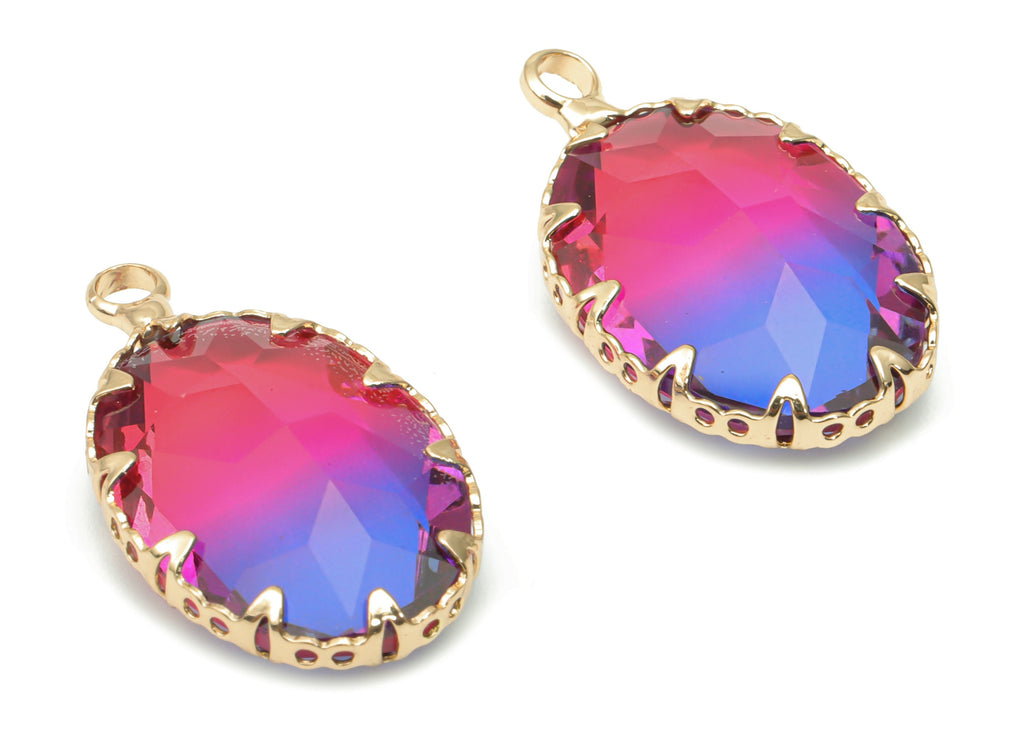 Glass Faceted Oval Charms with Loop - Brass Rainbow Oval Frame Pendant - Gold Tone Plated Brass - Faceted Glass - 22.5x13.59x6.2mm - GS1115D - DOMEDBAZAAR
