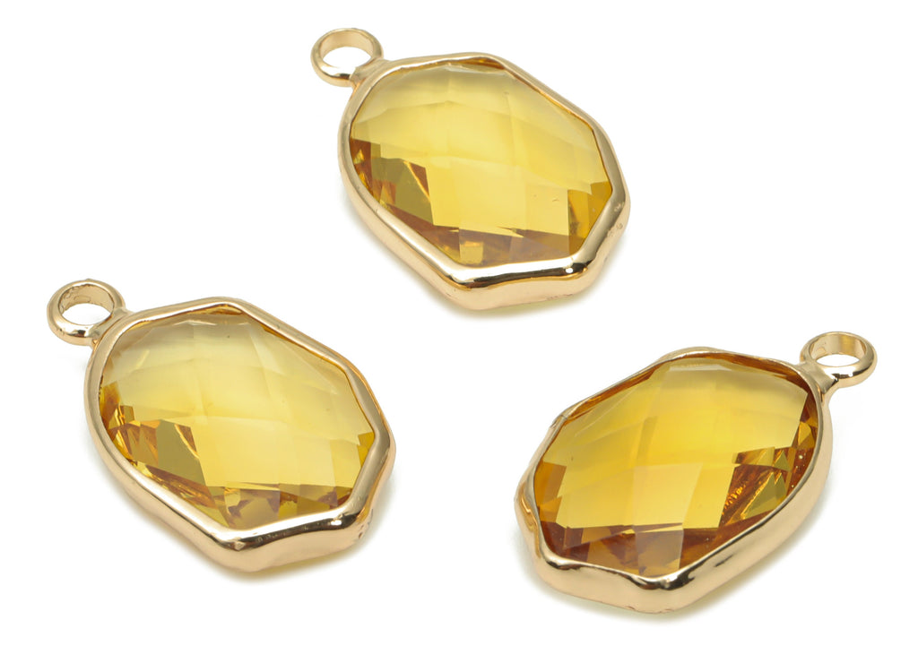 Glass Geometry Loop Earring Charms  - Brass Irregular Frame Pendant - Gold Tone Plated Brass - Faceted Glass - 19.86x11.97x5mm - GS1109B - DOMEDBAZAAR