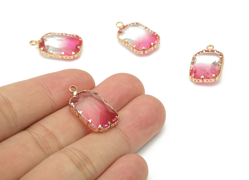Glass Faceted Rectangle Charms With Loop - Brass Rectangle Frame Pendant - Gold Tone Plated Brass - Faceted Glass - 23.2x14.4x6.2mm- GS1114C - DOMEDBAZAAR