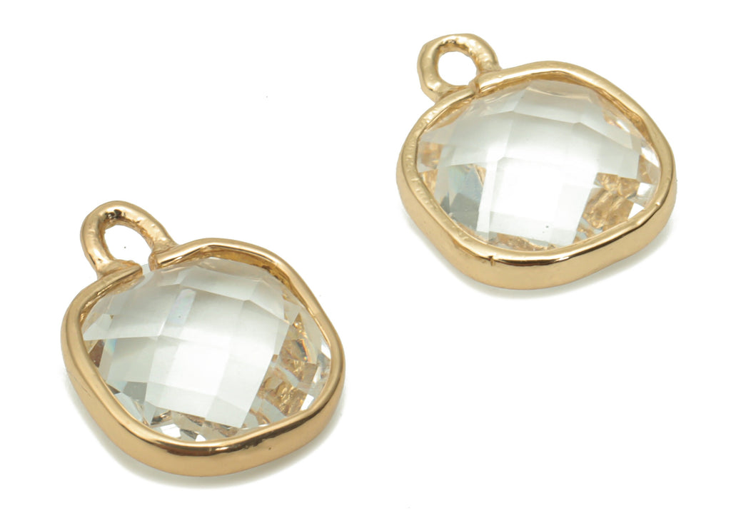 Glass Square Loop Earring Charms - Brass Square Frame Pendant - Gold Tone Plated Brass - Faceted Glass - 11.68x9.04x3.92mm - GS1105 - DOMEDBAZAAR
