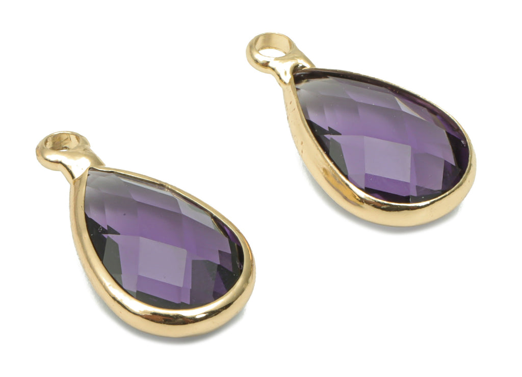 Glass Faceted Drop Loop Earring Charms - Brass Teardrop Frame Pendant - Gold Tone Plated Brass - Faceted Glass - 15.4x8.47x4.24mm - GS1099A - DOMEDBAZAAR