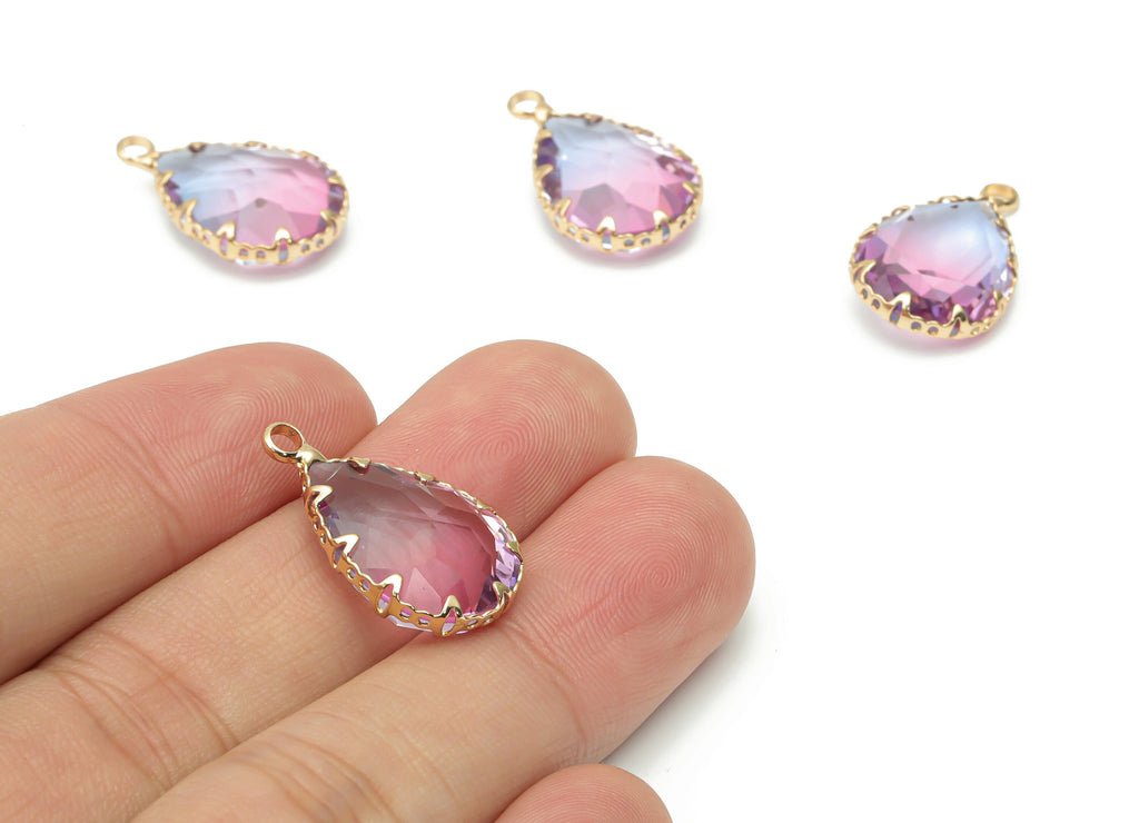Glass Faceted Drop Charms with Loop - Brass Teardrop Frame Pendant - Gold Tone Plated Brass - Faceted Glass - 23.1x13.93x6.86mm - GS1116B - DOMEDBAZAAR