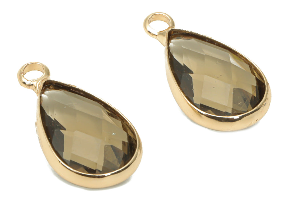 Glass Faceted Drop Loop Earring Charms - Brass Teardrop Frame Pendant - Gold Tone Plated Brass - Faceted Glass - 15.4x8.47x4.24mm - GS1099D - DOMEDBAZAAR