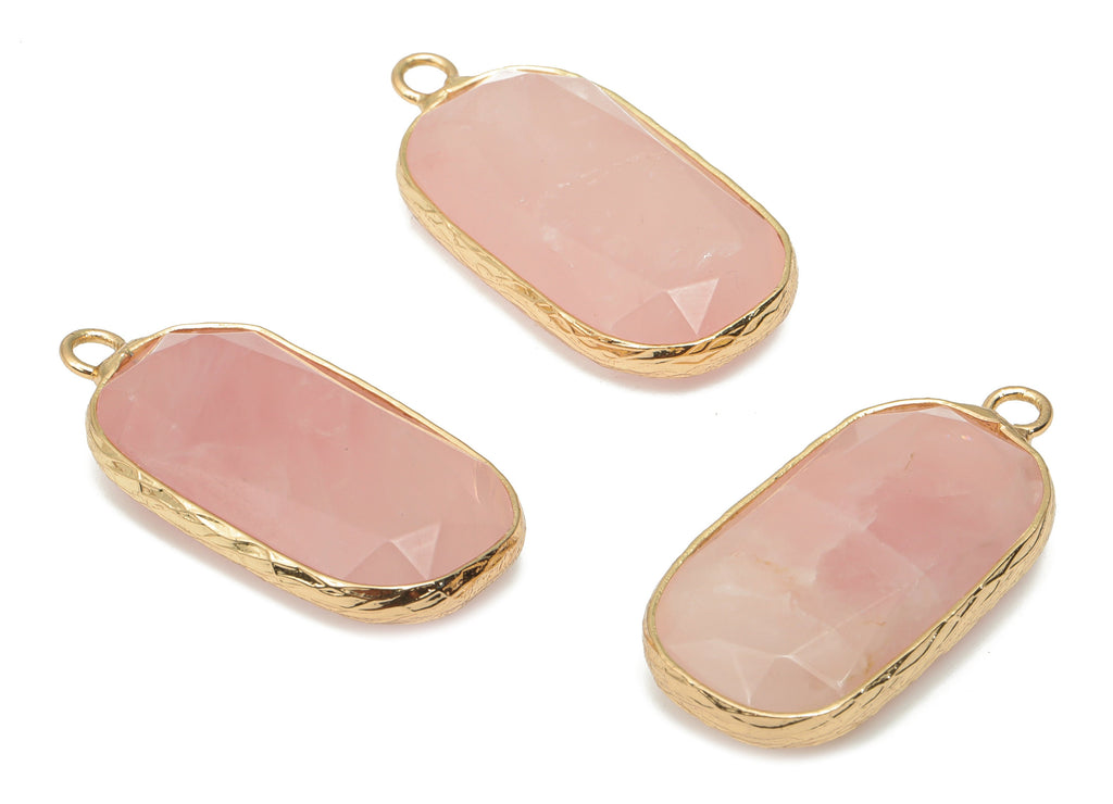 Rose Quartz Crystal Faceted Earring Charms - Brass Rectangle Pendant - Natural Stone - Gold Tone Plated Brass – 31.1x15.54x5.95mm – NS1700B - DOMEDBAZAAR