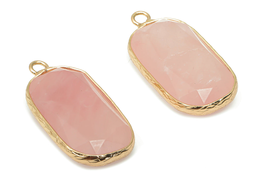 Rose Quartz Crystal Faceted Earring Charms - Brass Rectangle Pendant - Natural Stone - Gold Tone Plated Brass – 31.1x15.54x5.95mm – NS1700B - DOMEDBAZAAR