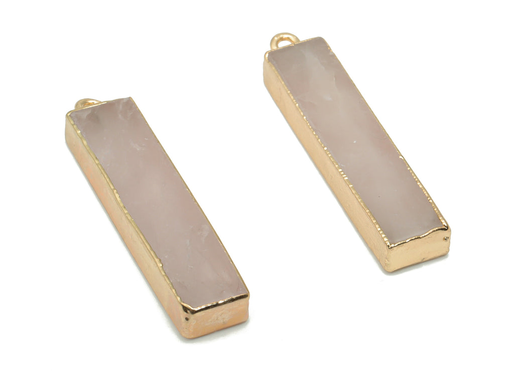 Rose Quartz Crystal Stick Earring Charms - Brass Long Bar Pendant - Natural Stone - Gold Tone Plated Brass – 38.56x8.44x5.36mm – NS1702B - DOMEDBAZAAR