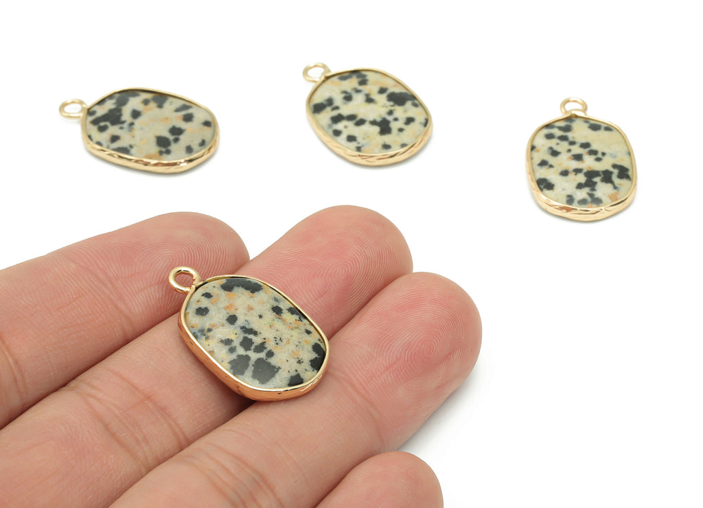 Dalmatian Jasper Oval Charms - Brass Oval Pendant - Natural Stone - Gold Tone Plated Brass – Jewelry Supplies - 52.2x15.92x4.11mm – NS1699C - DOMEDBAZAAR