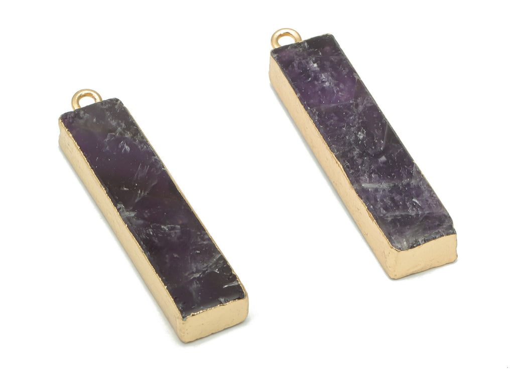 Amethyst Rectangle Stick Earring Charms - Brass Long Bar Pendant - Natural Stone - Gold Tone Plated Brass – 38.56x8.44x5.36mm – NS1702A - DOMEDBAZAAR