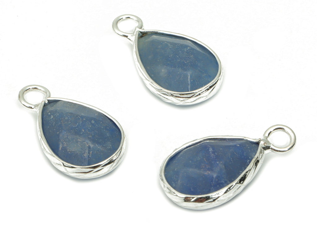 Blue Aventurine Stone Drop Earring Charms - Brass Teardrop Pendant - Natural Stone - Silver Tone Plated Brass – 17.97x9.61x4.55mm – NS1690A - DOMEDBAZAAR